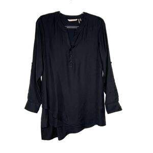 SOFT SURROUNDINGS 3/4 Sleeve Blouse Asymmetrical Hem Button-Front Black Size S